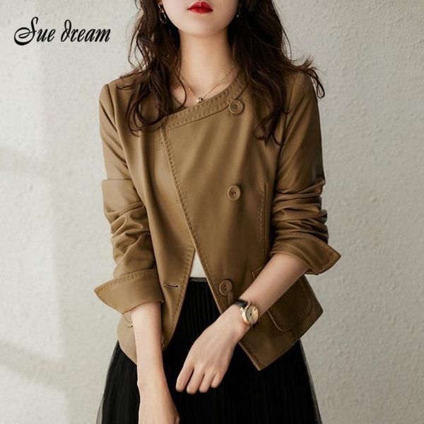 

fall style pu leather fashion and elegant ladies self-cultivation temperament single-breasted long-sleeved short jacket women's jackets, Black;brown