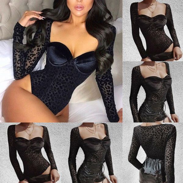 

black leopard mesh see through skinny bra shaped long sleeve bodysuit women shirt spring autumn jumpsuits women's & rompers, Black;white