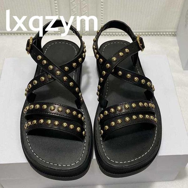 

sandals summer brand runway women peep toe genuine leather slides cross tied gladiator for vacation beach rivets shoes, Black