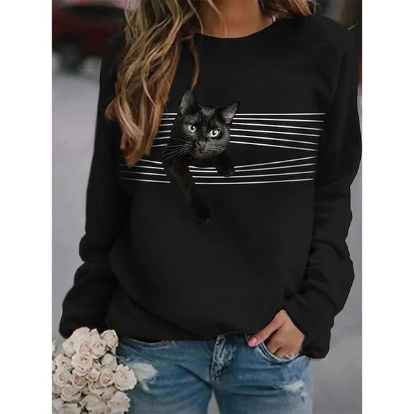 

little black cat women s fashion 3d printing short slim t-shirt autumn long sleeve round neck basic casual, White