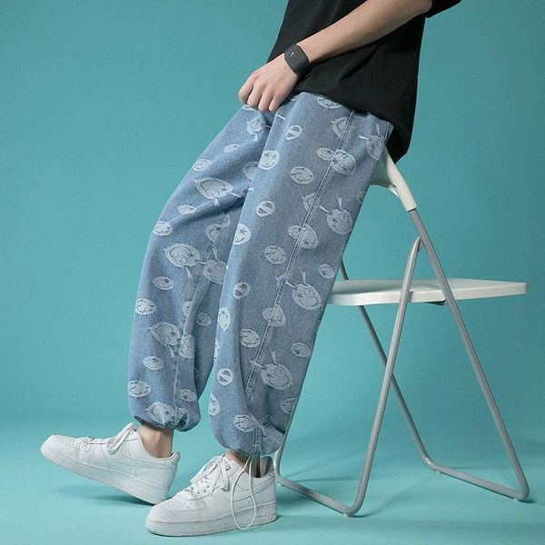

men's jeans washed loose drawstring wide-leg straight pants oversize casual trend printed denim trousers hiphop nine-point jean, Blue