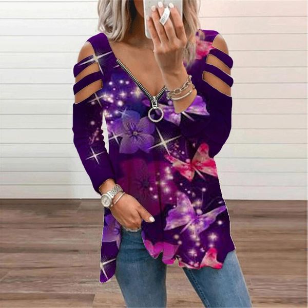 

women's t-shirt 2021 autumn harajuku fashion printed oversized long sleeve v-neck zipper women loose casual female clothes lady tee, White