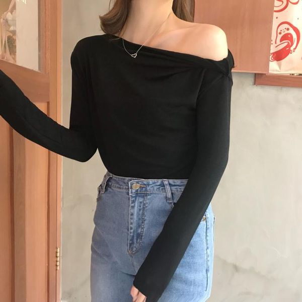 

women's t-shirt korean clothing slim solid t-shirts spring autumn skew collar long sleeve ladies ins hipster off shoulder tees, White