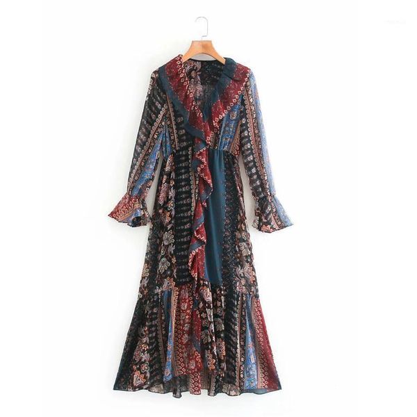 

autumn style ethnic v-neck long-sleeved slim patchwork printed dress casual dresses, Black;gray