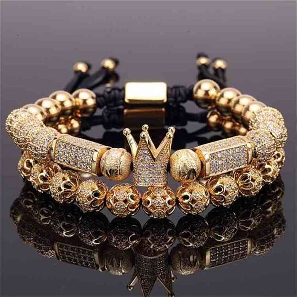 

2pcs/set charm luxury gold bracelet men male stainless steel beads crown cz zircon braided female gift valentine's day holiday-a, Golden;silver