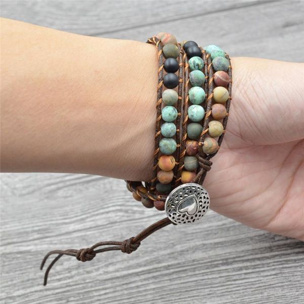 

link, chain vintage leather bracelets men 6mm matte stone 3 strands wrap bracelet for women woven boho handmade jewelry dropship r5, Black