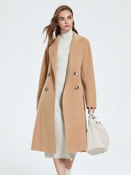 

miegofce lapel neck double button front overcoat f0e8#, Black