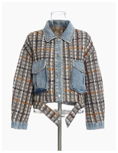 

women's jackets msxu women vintage retro denim jeans woolen patchwork casual blazer coat jacket, Black;brown
