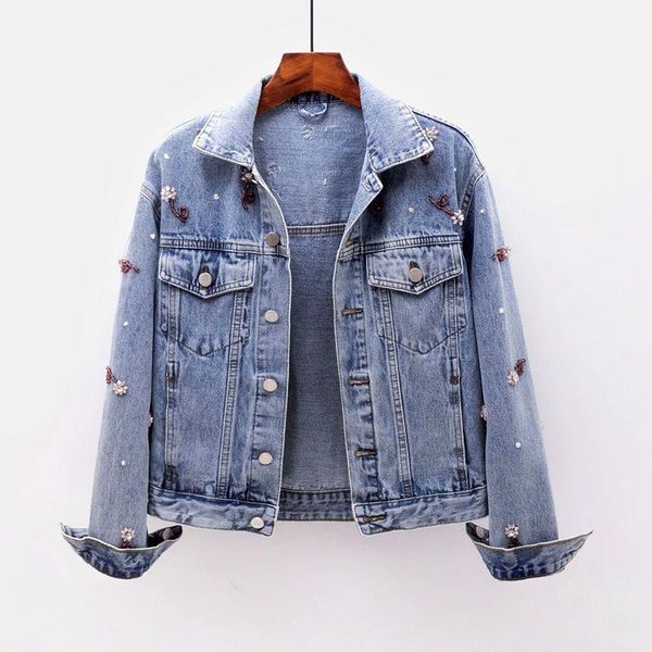 

women's jackets spring vintage denim jacket women outerwear diamond handwork beading long sleeve short jeans female basic coat streetwe, Black;brown