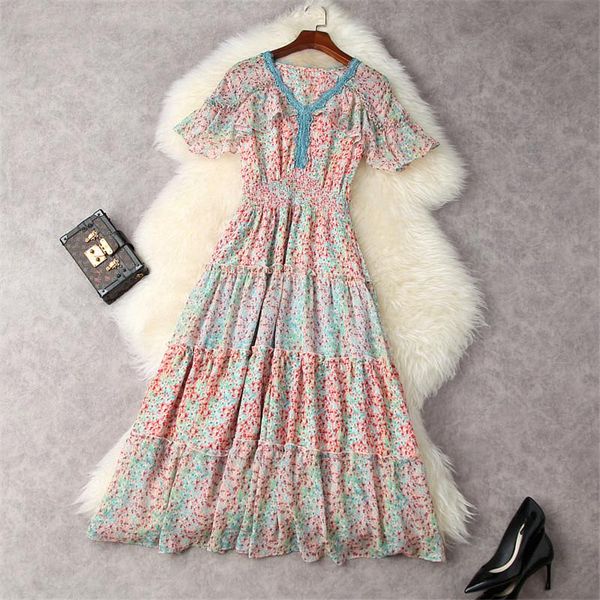 

party dresses 2021 summer short sleeve beading lace v-neck print women's chiffon bohemian midi vestidos de mujer casual beach robe, White;black