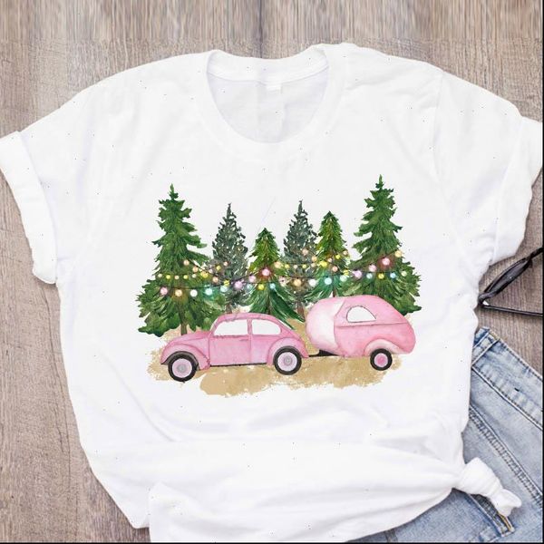 

women t shirts graphic printing cartoon truck light tree winter merry christmas clothing female printed lady tees shirt, White