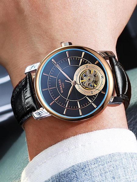 

wristwatches binkada 2021 watch men's automatic mechanical hollow real belt fashion reloj hombre man watches waterproof, Slivery;brown