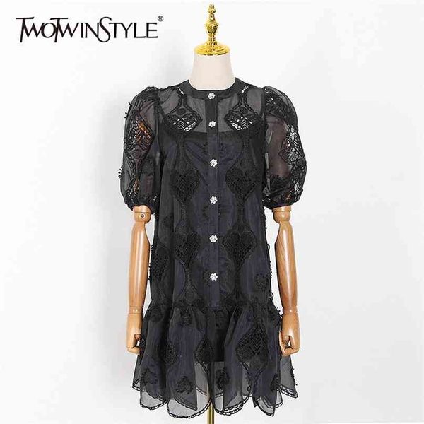 

elegant hollow out dress for women o neck lantern sleeve casual mini dresses female fashion clothing summer 210520, Black;gray