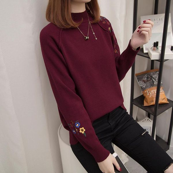 

women's sweaters 5687 - shoulder embroidery half high necked sweater, White;black