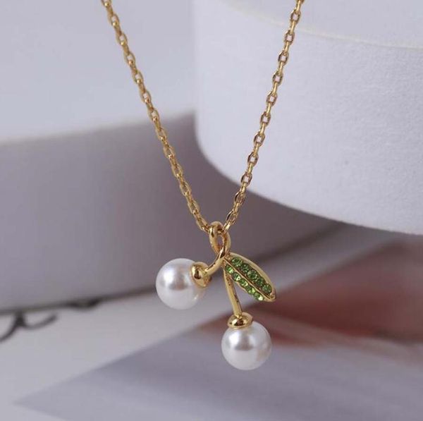 

pendant necklaces chic brand jewelry simple cherry shape shiny rhinestone pearl necklace sweet girl summer cute fruit fresh sweater clavicle, Silver