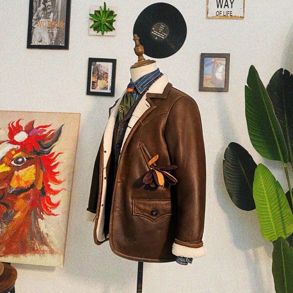 

men's leather & faux cdf999 european us size super warm genuine sheep b3 shearling bomber fur jacket, Black