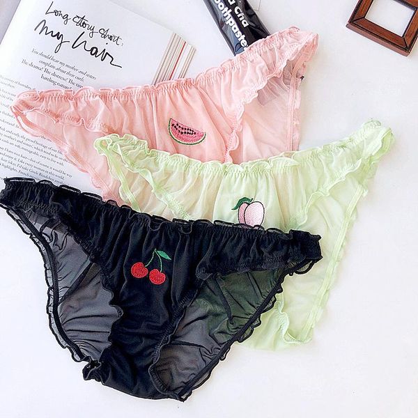 

women's panties 2pcs transparent ruffled fruit embroidery mesh underwear temptation seamless girls briefs lingerie, Black;pink