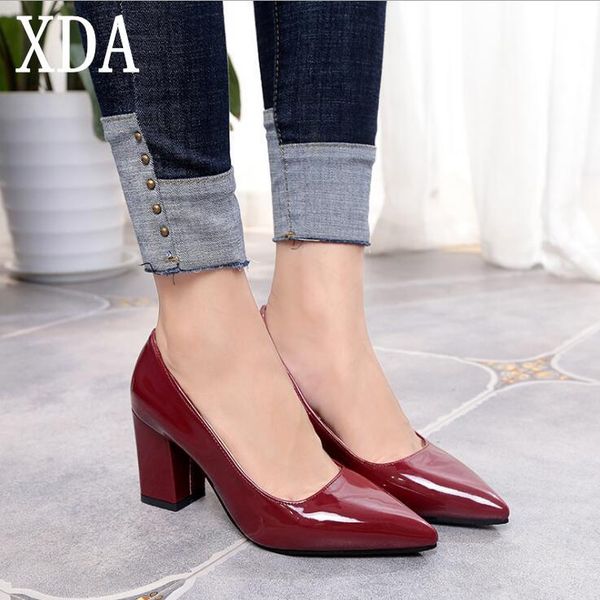 

women pumps black high heel shoes patent leather thick with autumn pointed toe single female sandals size 35-43 dress