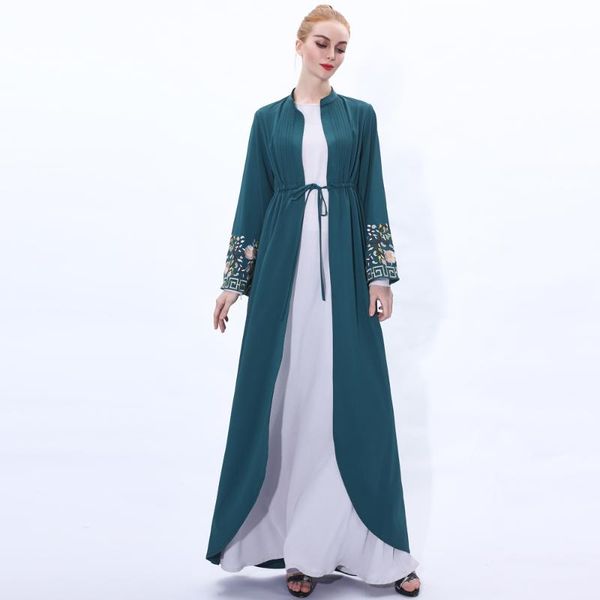 

casual dresses women long flare sleeve ruched drawstring waist elegant graceful formal vintage muslim abaya hijab dress kaftan maxi cardigan, Black;gray