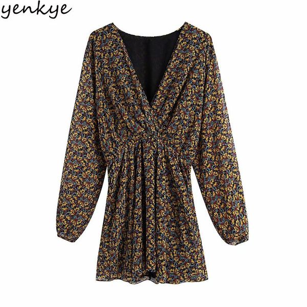 

fashion women vintage floral print mini deep v neck long sleeve elastic waist a-line casual dress summer plus size dresses, Black;gray