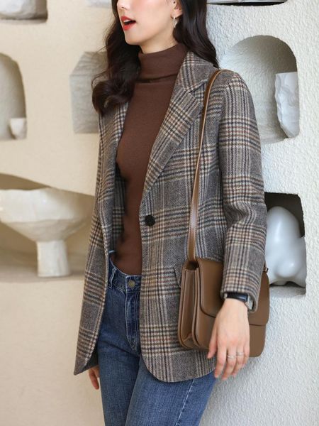 

women's wool & blends double faced cashmere coat short 2021 autumn and winter plaid small suit tweed, Black