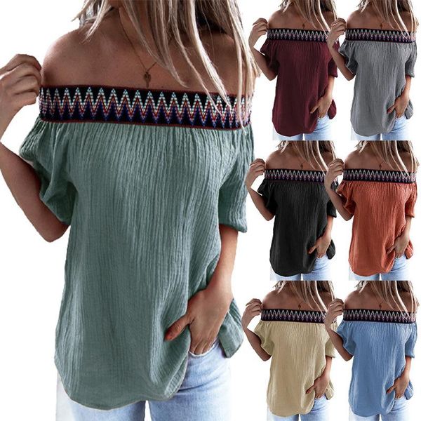 

women's t-shirt fashion women one word off-shoulder summer 2021 pure color loose cotton short sleeve elegant blusa feminina, White