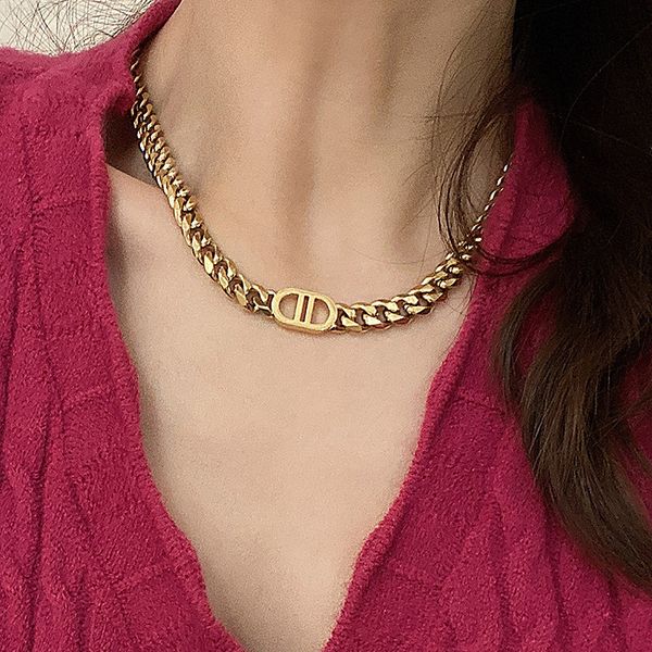 

korean titanium steel metal thick necklace women minority design sense bracelet hollow pig nose clavicle chain temperament ocos, Red;brown