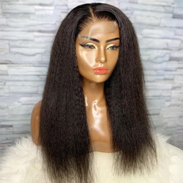 

natural black yaki straight 13x4 lace front wig for women with baby hair 13x6 brazilian wigs1, Black;brown