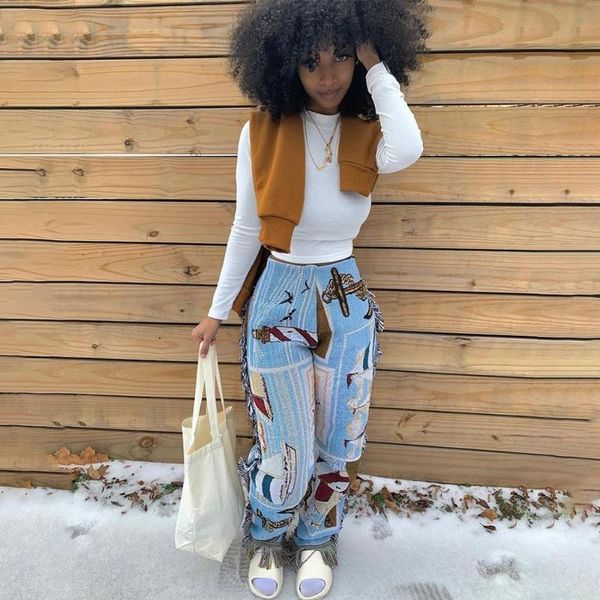 

women's pants & capris women sweat pant side tassels cartoon printed harajuku trousers cargo slim jogger fleece fall streetwear casual, Black;white