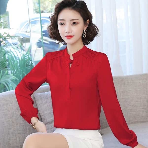 

women's blouses & shirts chikichi 2021spring and autumn style korean fashion elegant round neck solid color satin embroidery long-sleev, White
