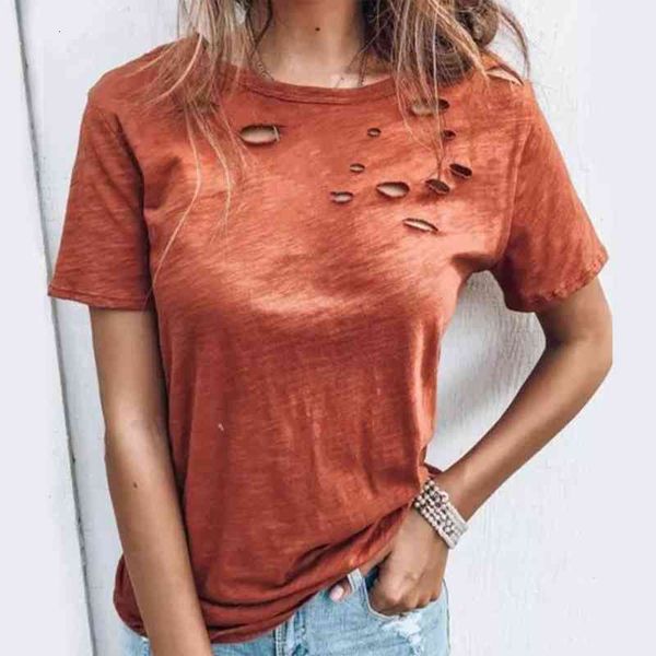 

ripped t-shirt hole women fashion casual short sleeve round neck solid color ropa de mujer verano outdoor sexy, White