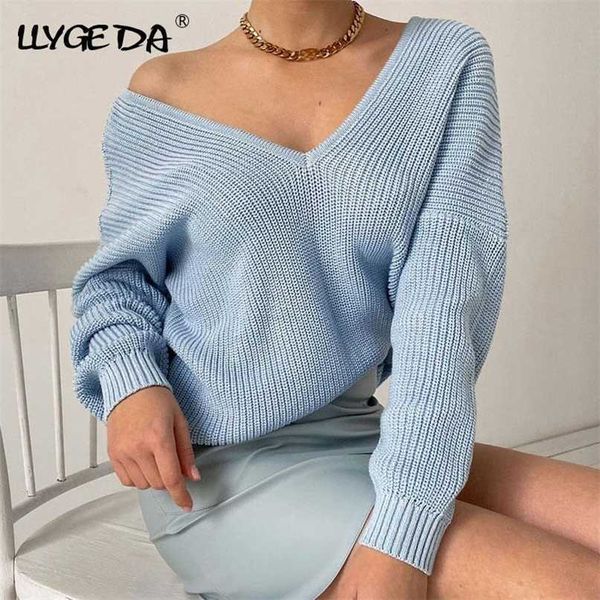 LLYGE DA Solido Casual Maglione da Donna Manica Lunga Profondo Scollo a V Maglia Donna Maglioni Autunno Inverno Prezzo Basso Pullover Top 211011