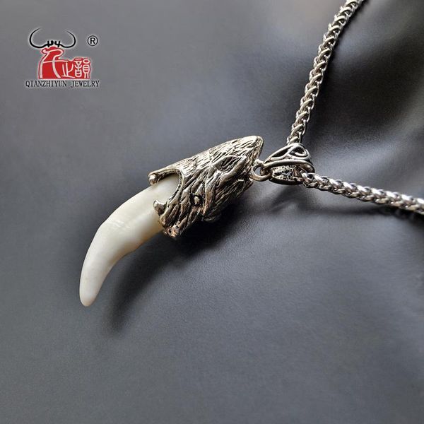 

fake wolf tooth pendant necklace stainless steel tibetan amulet fangs vintage bone for gift necklaces, Silver