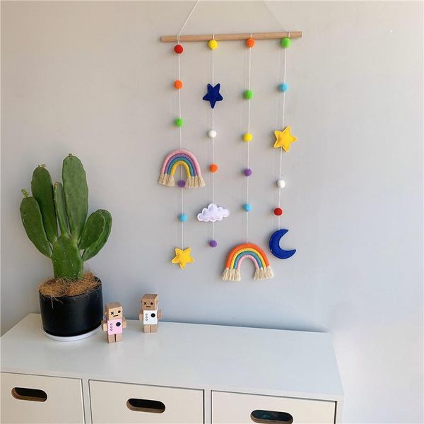 

nordic kids room handmade weaving rainbow wall hanging ornaments with felt ball home decor wooden stick tassel pendant gift
