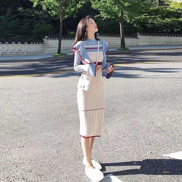 

casual dresses 2021 women o-neck collar patchwork dress female knitting mid length ladies long sleeve vestido ruffles h923, Black;gray