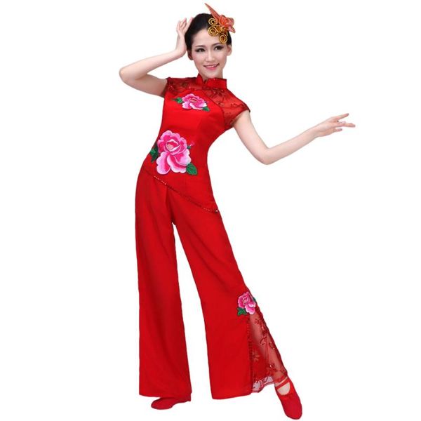 

fan dance clothing yangko clothes short sleeved chinese folk costumes stage wear, Black;red