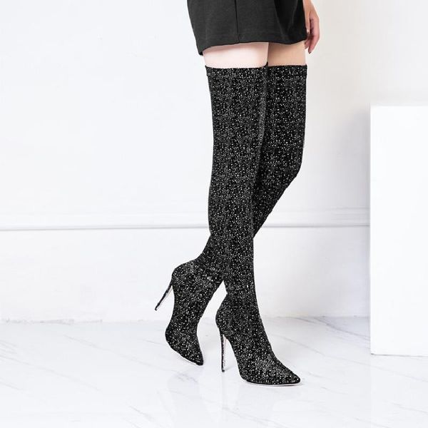 

boots women high heels fashion long super thin 12cm over the knee sequined cloth thigh stretch boot botas mujer shoe, Black