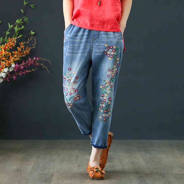 

women's jeans vintage floral embroidered 2021 spring summer harem women casual mid waist denim pants plus size 3xl vn8n, Blue