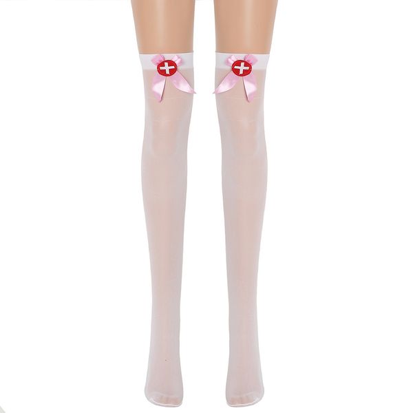

white black silk knee thigh women's bow cross nurse stockings, Black;white