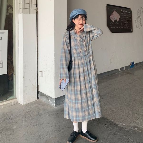 

long sleeve plaid long pleated blazer dress vintage high waist sweet dress casual street korean vestidos 210510, Black;gray