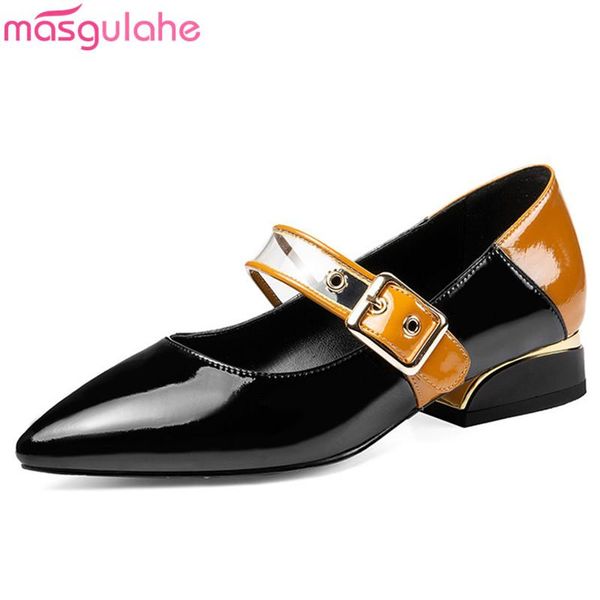 

dress shoes masgulahe 2021 genuine leather women pumps buckle pointed toe single spring summer casual woman, Black
