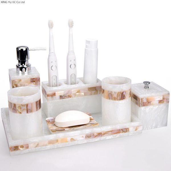 

natural color shell inlaid toothbrush holder toothpaste dispenser soap storage tray bathroom decoration accessories bath accessory set