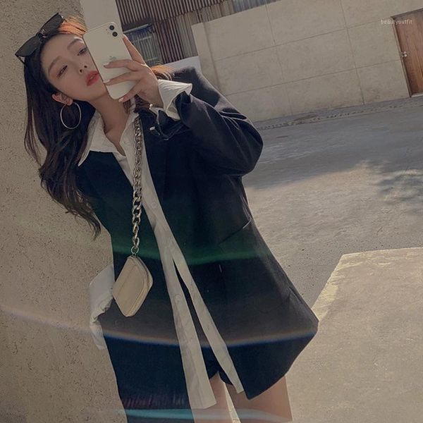 

korean fashion womens blazers long sleeve british style street loose white black coats double breasted casual blazer harajuku women's s