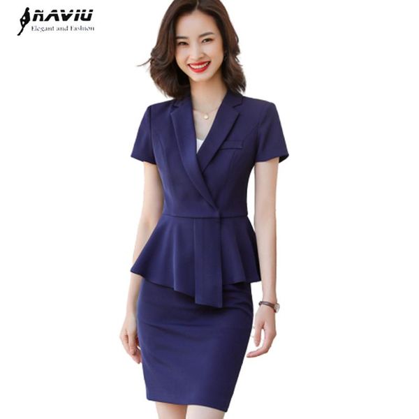 

two piece dress fashion women skirt suits summer temperament short sleeve ruffles hem blazer and office ladies business work wear, White