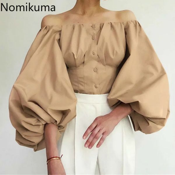 Nomikuma Sexy Slash Neck Senza Spalline Donna Top Camicette Lanterna Coreana Manica Lunga Blusas Femme Autunno Camicie Eleganti 6C861 210427