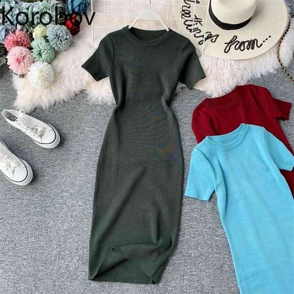 

korobov new short sleeve solid vintage women dress korean knit stretch waist elegant dresses o neck bodycon vestidos 78956 210323, Black;gray