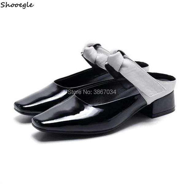 

dress shoes 2021 black leather square head half slippers patchwork bow outside wearing fashionable heel