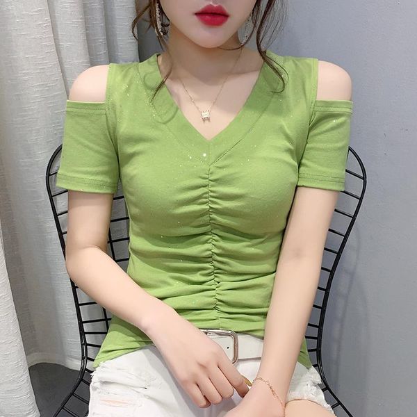 

women's t-shirt summer casual folds strapless fashion short sleeve v-neck 2021 women t shirt plus size, White