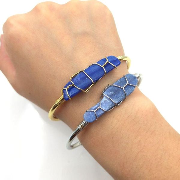 

bangle irregular natural blue kyanite stone open adjustable bracelet gold silver plated boho fashion vintage jewelry for men women gift, Black