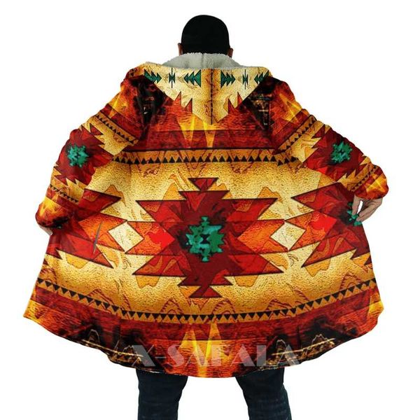 

men's wool & blends viking totem crow eagle all over 3d printed thick warm hooded cloak for men windproof fleece casual-6, Black
